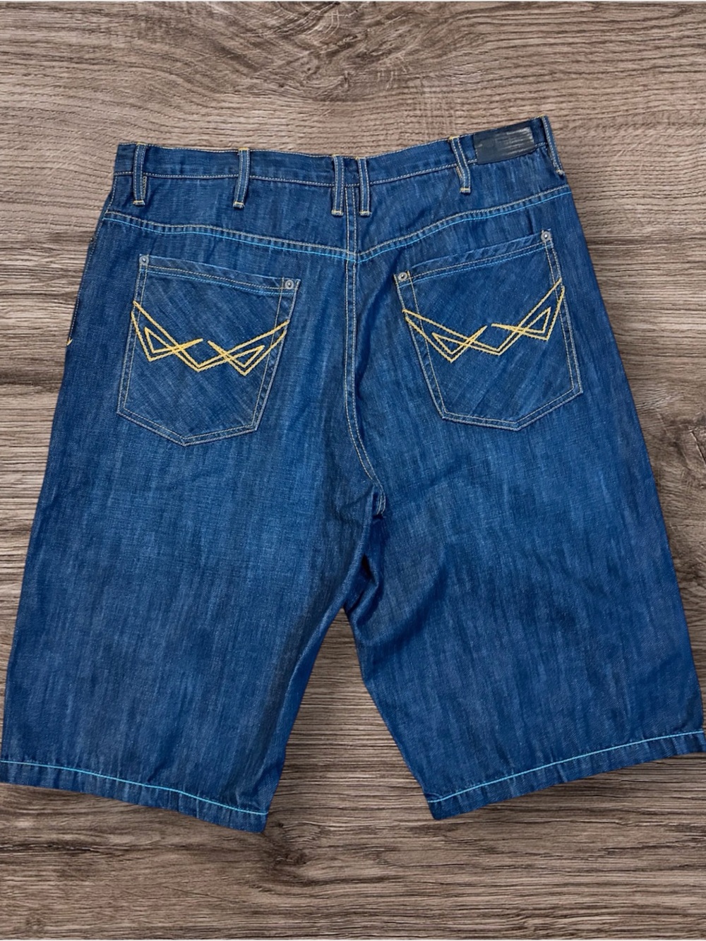 Sean John Blue Denim Shorts with Yellow Pocket Stitching